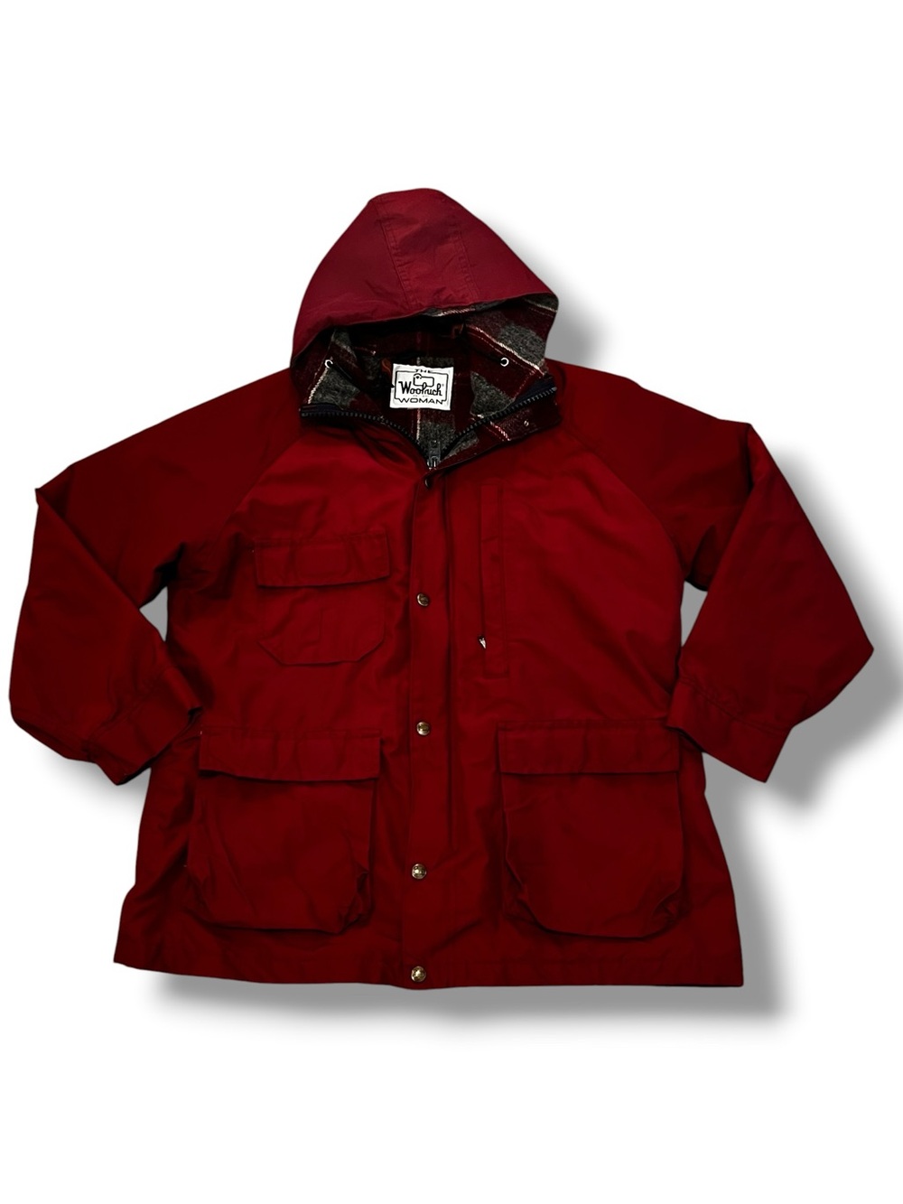 VTG 80s Woolrich Jacket Womens Sz L Red Nylon Hooded Parka Coat USA Chore E-8